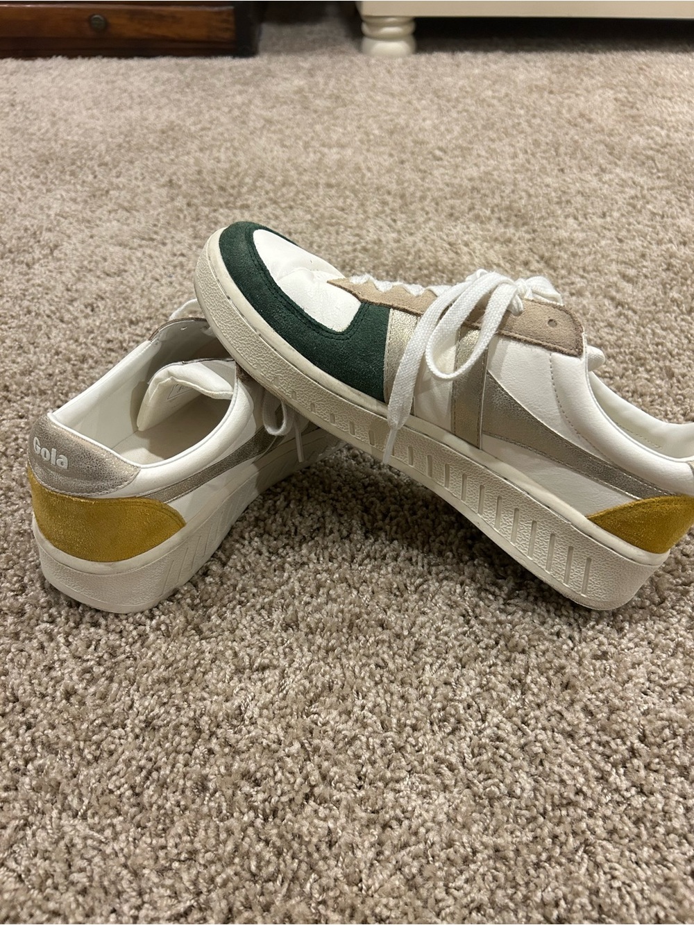 Gola Women's White Leather Sneakers with Green and Mustard Accents